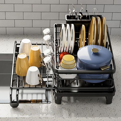 1pc Extendable Black Metal Dish Drying Rack with Utensil Holder, Large Capacity, Kitchen Counter Drainer for Plates, Bowls, Cups & Utensils