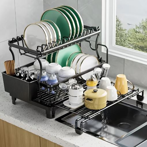 1pc Extendable Black Metal Dish Drying Rack with Utensil Holder, Large Capacity, Kitchen Counter Drainer for Plates, Bowls, Cups & Utensils