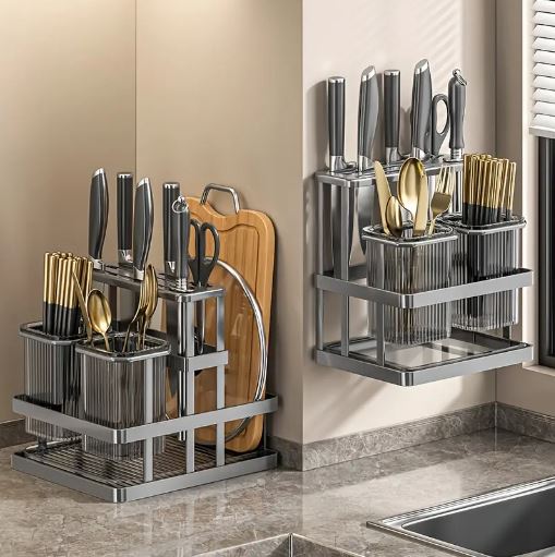 1Pc Metal Kitchen Knife Rack with Chopstick Cage, Wall Mounted Countertop Organizer for Cutlery, Chopping Board Storage Holder