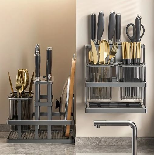 1Pc Metal Kitchen Knife Rack with Chopstick Cage, Wall Mounted Countertop Organizer for Cutlery, Chopping Board Storage Holder