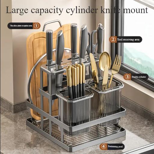 1Pc Metal Kitchen Knife Rack with Chopstick Cage, Wall Mounted Countertop Organizer for Cutlery, Chopping Board Storage Holder