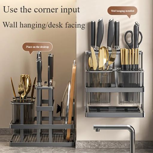 1Pc Metal Kitchen Knife Rack with Chopstick Cage, Wall Mounted Countertop Organizer for Cutlery, Chopping Board Storage Holder