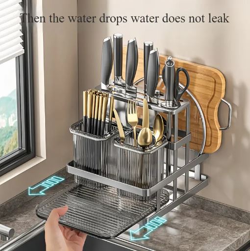 1Pc Metal Kitchen Knife Rack with Chopstick Cage, Wall Mounted Countertop Organizer for Cutlery, Chopping Board Storage Holder
