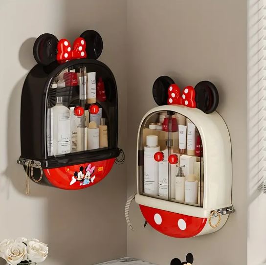 1pc Mickey & Minnie Mouse No-Drill Wall-Mounted Cosmetic Organizer - Multi-Compartment Transparent Makeup Storage Box with Mickey Mouse Design