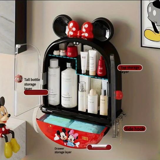 1pc Mickey & Minnie Mouse No-Drill Wall-Mounted Cosmetic Organizer - Multi-Compartment Transparent Makeup Storage Box with Mickey Mouse Design