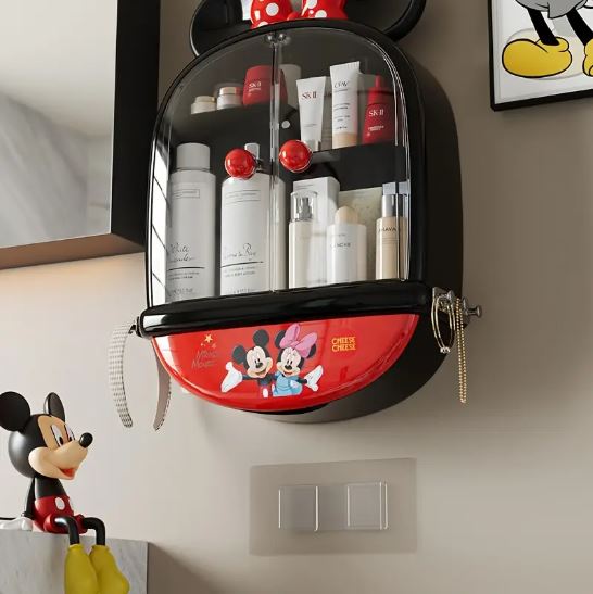 1pc Mickey & Minnie Mouse No-Drill Wall-Mounted Cosmetic Organizer - Multi-Compartment Transparent Makeup Storage Box with Mickey Mouse Design