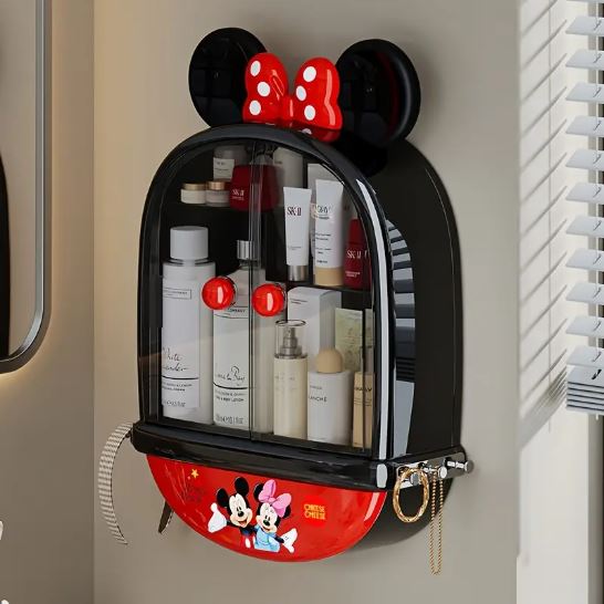 1pc Mickey & Minnie Mouse No-Drill Wall-Mounted Cosmetic Organizer - Multi-Compartment Transparent Makeup Storage Box with Mickey Mouse Design