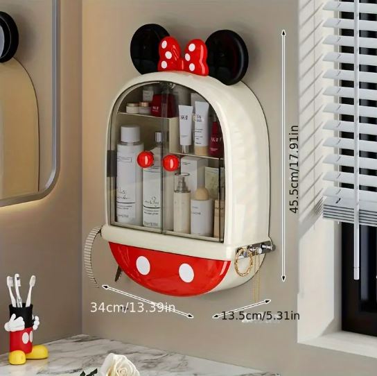 1pc Mickey & Minnie Mouse No-Drill Wall-Mounted Cosmetic Organizer - Multi-Compartment Transparent Makeup Storage Box with Mickey Mouse Design