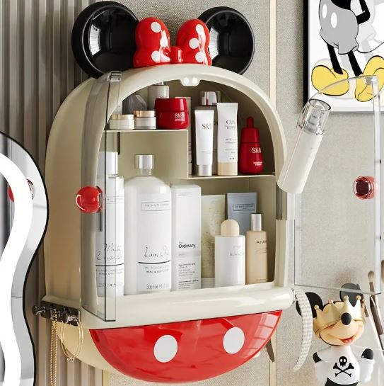 1pc Mickey & Minnie Mouse No-Drill Wall-Mounted Cosmetic Organizer - Multi-Compartment Transparent Makeup Storage Box with Mickey Mouse Design