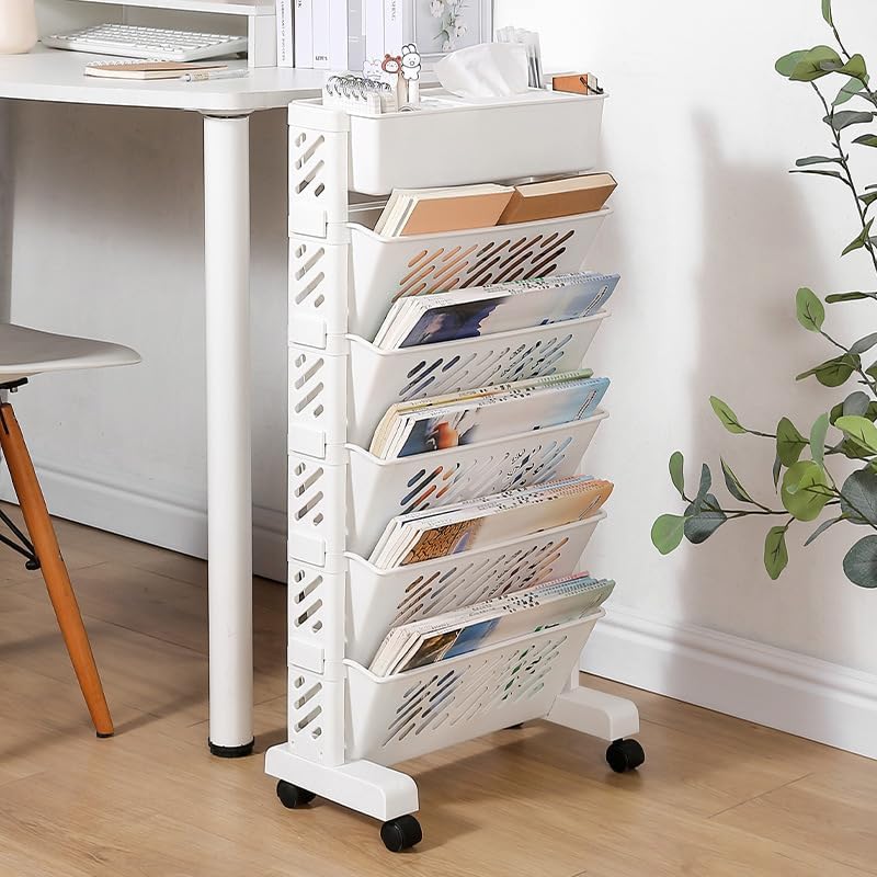 1pc Movable Bookshelf with Wheels Plastic Multilayer Capacity Desk Organizer Table Side Storage Basket Cart for School Classroom Home (6 Layer)