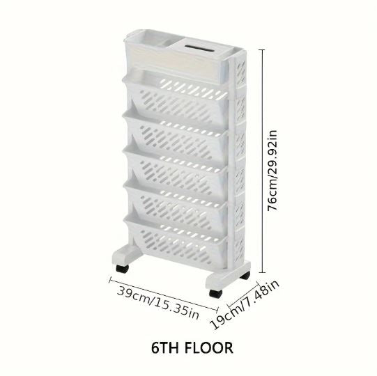 1pc Movable Bookshelf with Wheels Plastic Multilayer Capacity Desk Organizer Table Side Storage Basket Cart for School Classroom Home (6 Layer)
