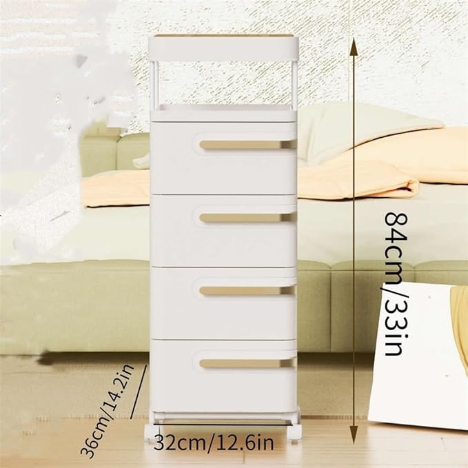 Movable Nightstand with Wheels, Multi-Tier Storage Cart with Drawers for Office, Bedroom, Living Room, and Bathroom