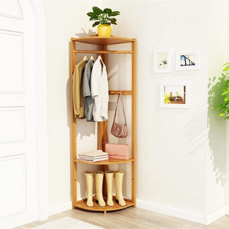 Bamboo Coat Rack Free Standing-Multi-Functional Corner Garment Rack Clothes Stand with Hooks