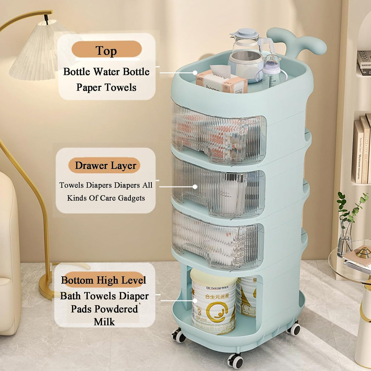 3-4 Layer Whale Cart Multi-Layer Bedside Mobile Snack Storage Rack, Waterproof Freestanding Storage Cabinet