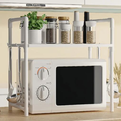 Multi-Purpose Space-Saving 2-Tier Kitchen Oven Rack Organizer with Hooks, Kitchen Accessories Storage Utility Racks