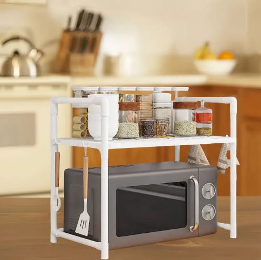 Multi-Purpose Space-Saving 2-Tier Kitchen Oven Rack Organizer with Hooks, Kitchen Accessories Storage Utility Racks