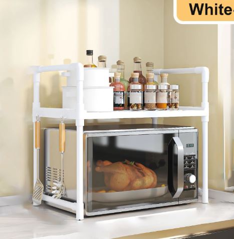 Multi-Purpose Space-Saving 2-Tier Kitchen Oven Rack Organizer with Hooks, Kitchen Accessories Storage Utility Racks