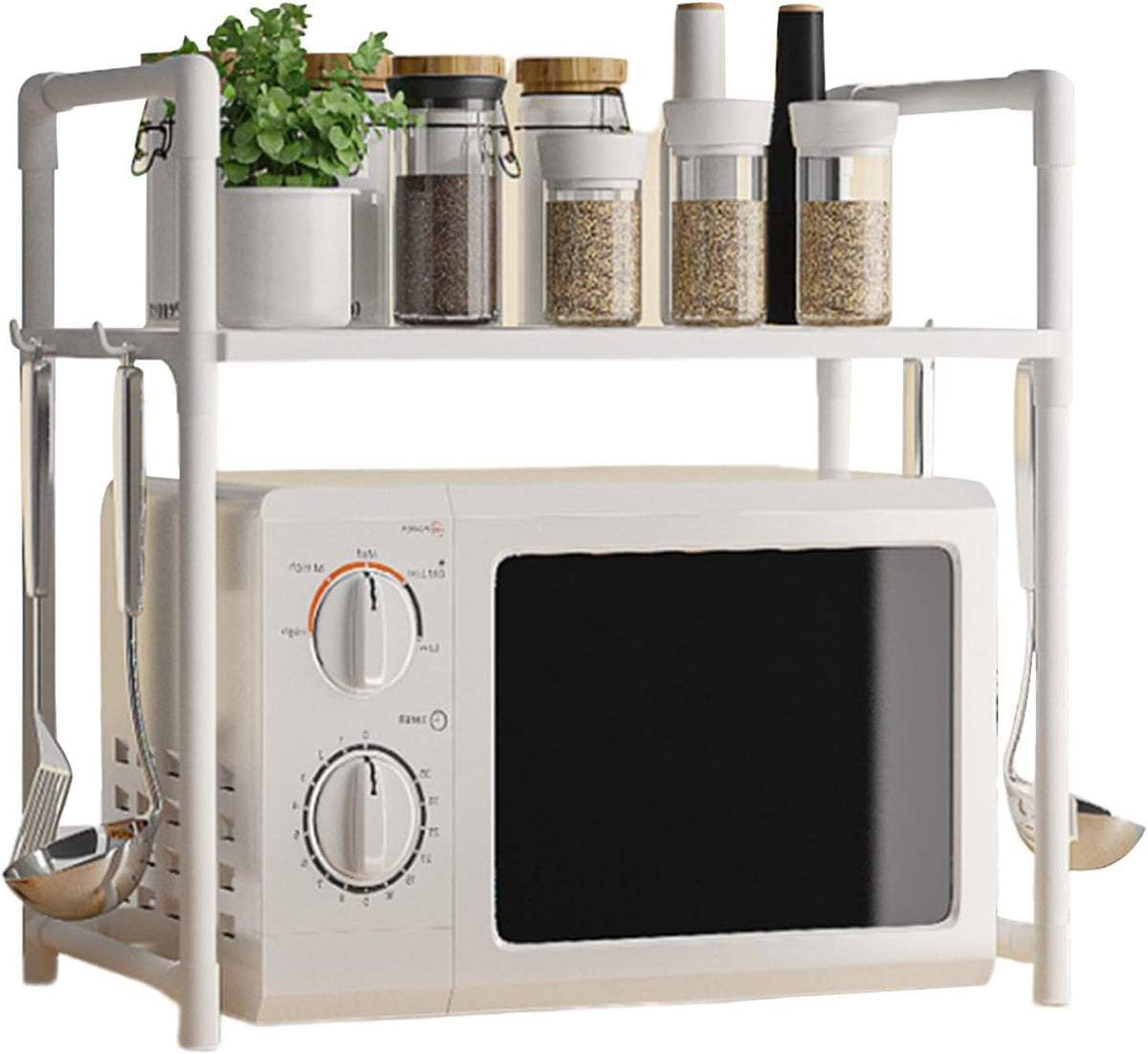 Multi-Purpose Space-Saving 2-Tier Kitchen Oven Rack Organizer with Hooks, Kitchen Accessories Storage Utility Racks