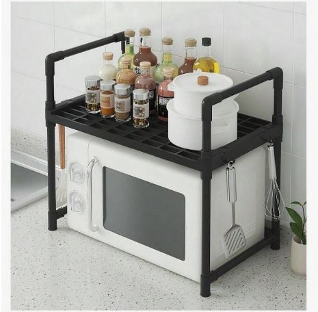 Multi-Purpose Space-Saving 2-Tier Kitchen Oven Rack Organizer with Hooks, Kitchen Accessories Storage Utility Racks