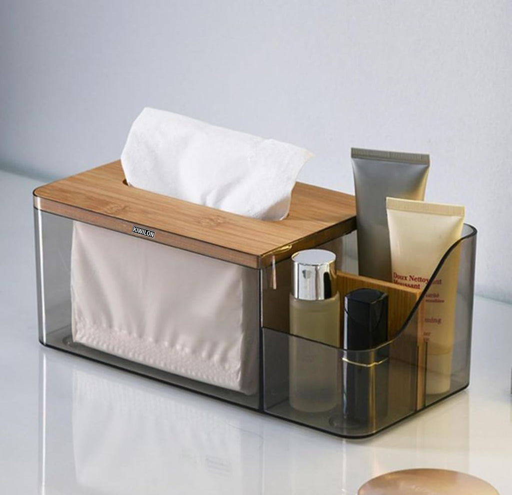 Multi-Purpose Tissue Paper Holder Box with Remote Holder Or Cosmetic Holder (Bamboo Lid)