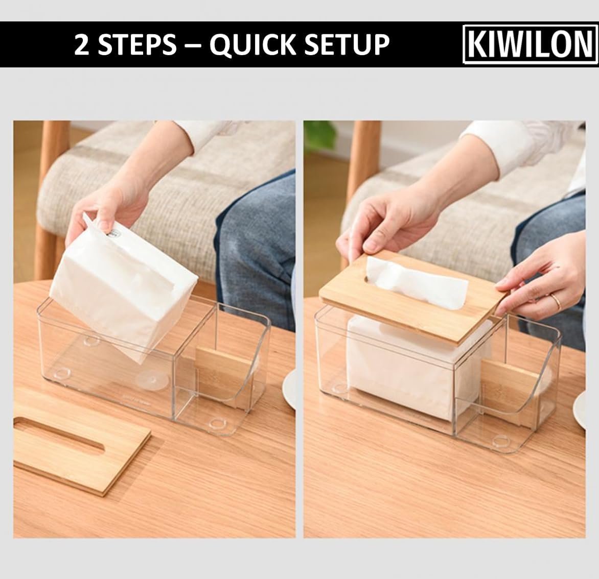 Multi-Purpose Tissue Paper Holder Box with Remote Holder Or Cosmetic Holder (Bamboo Lid)