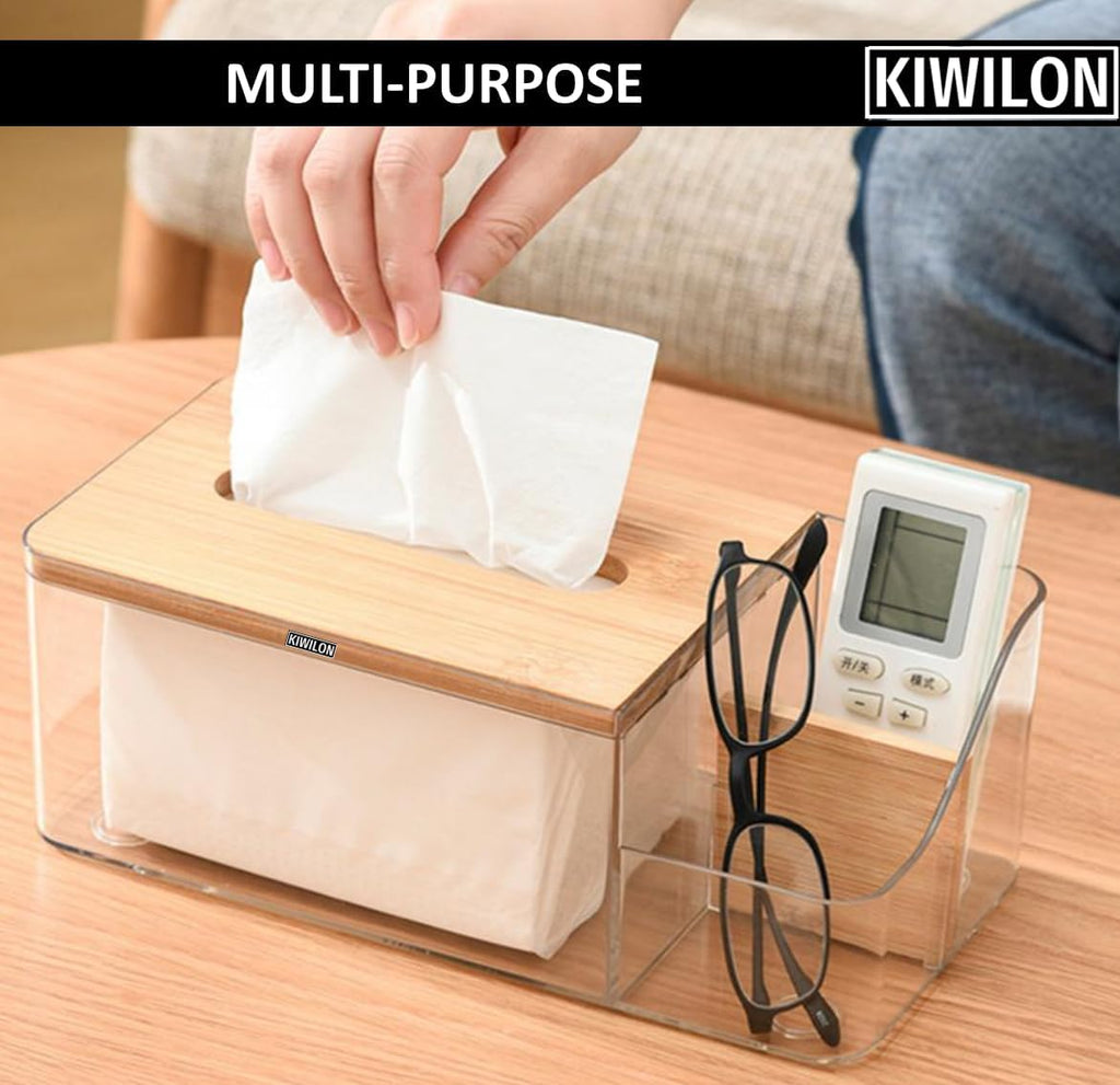 Multi-Purpose Tissue Paper Holder Box with Remote Holder Or Cosmetic Holder (Bamboo Lid)