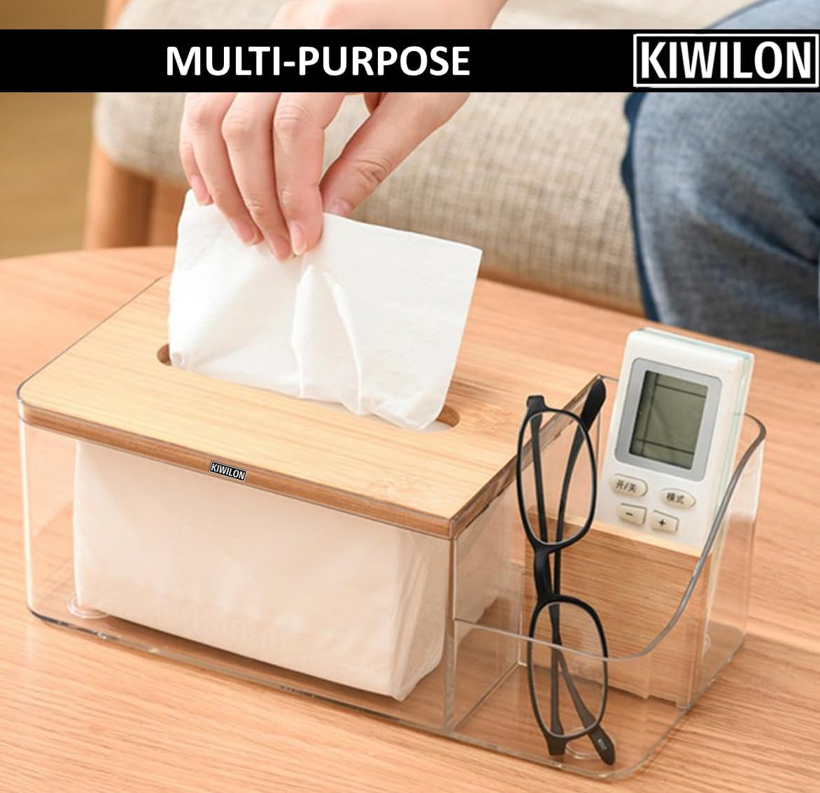 Multi-Purpose Tissue Paper Holder Box with Remote Holder Or Cosmetic Holder (Bamboo Lid)