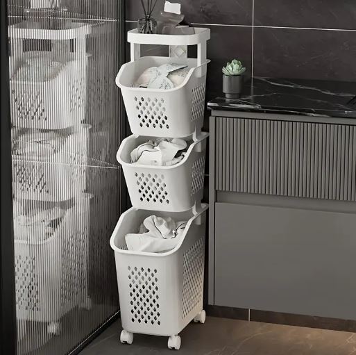 3 Tier Plastic Laundry Hamper with Wheels, Removable Storage Basket, Multipurpose Large Laundry Basket