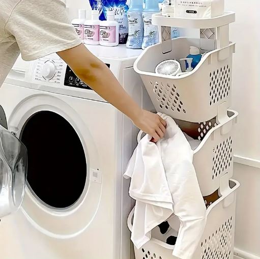 3 Tier Plastic Laundry Hamper with Wheels, Removable Storage Basket, Multipurpose Large Laundry Basket