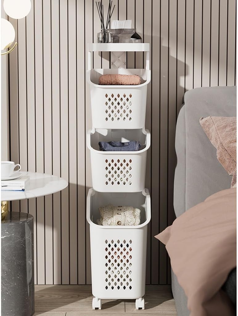 3 Tier Plastic Laundry Hamper with Wheels, Removable Storage Basket, Multipurpose Large Laundry Basket