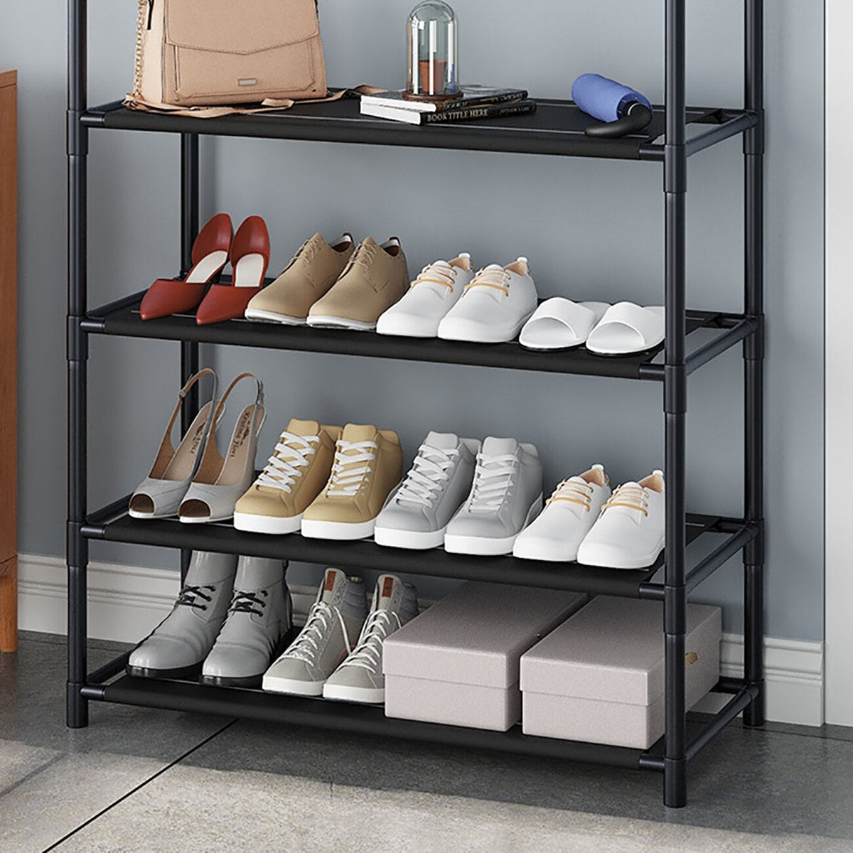 Multi-Function 4 Tiers Shoes Rack With Hanger, Living Room Clothes Storage Rack