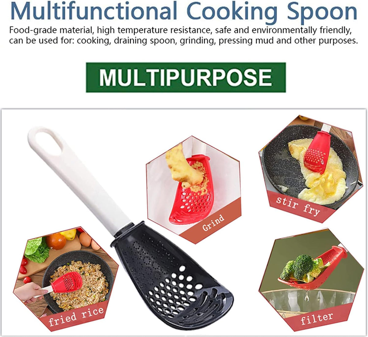 Multifunctional Kitchen Cooking Spoon - Egg Yolk Separator, Grater, Masher, Colander, Skimmer, Scoop - Heat Resistant