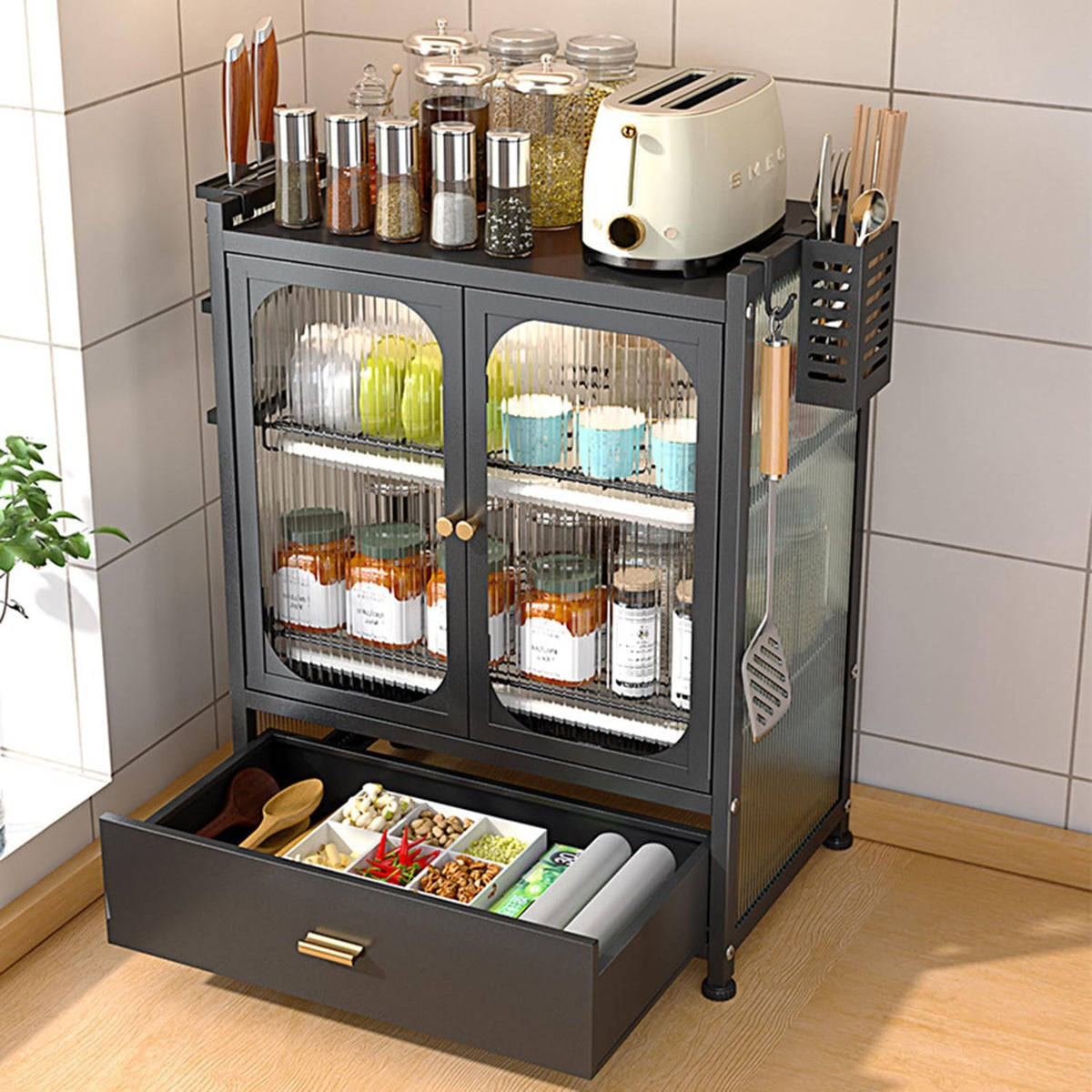 Modern Kitchen Storage Cabinet with Fluted Glass Doors, Multifunctional Storage Cabinet for Various Tableware