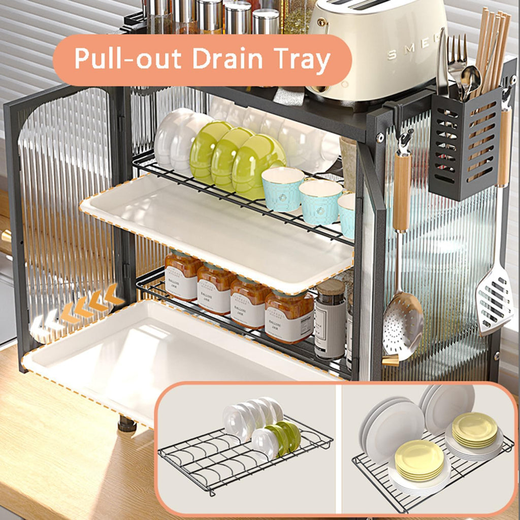 Modern Kitchen Storage Cabinet with Fluted Glass Doors, Multifunctional Storage Cabinet for Various Tableware