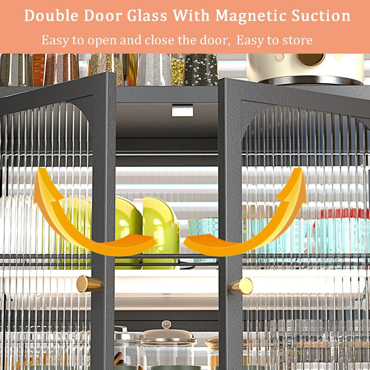 Modern Kitchen Storage Cabinet with Fluted Glass Doors, Multifunctional Storage Cabinet for Various Tableware