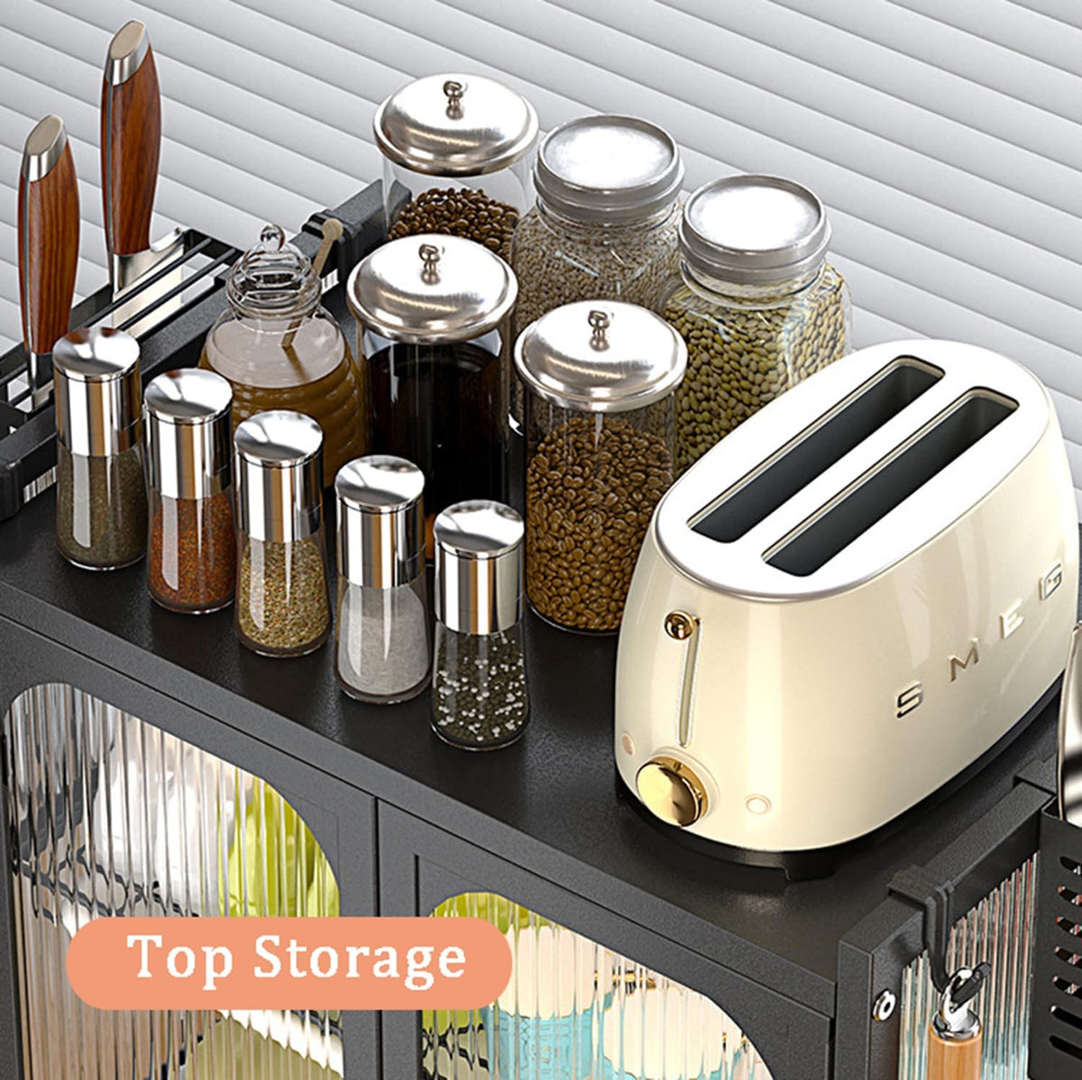 Modern Kitchen Storage Cabinet with Fluted Glass Doors, Multifunctional Storage Cabinet for Various Tableware