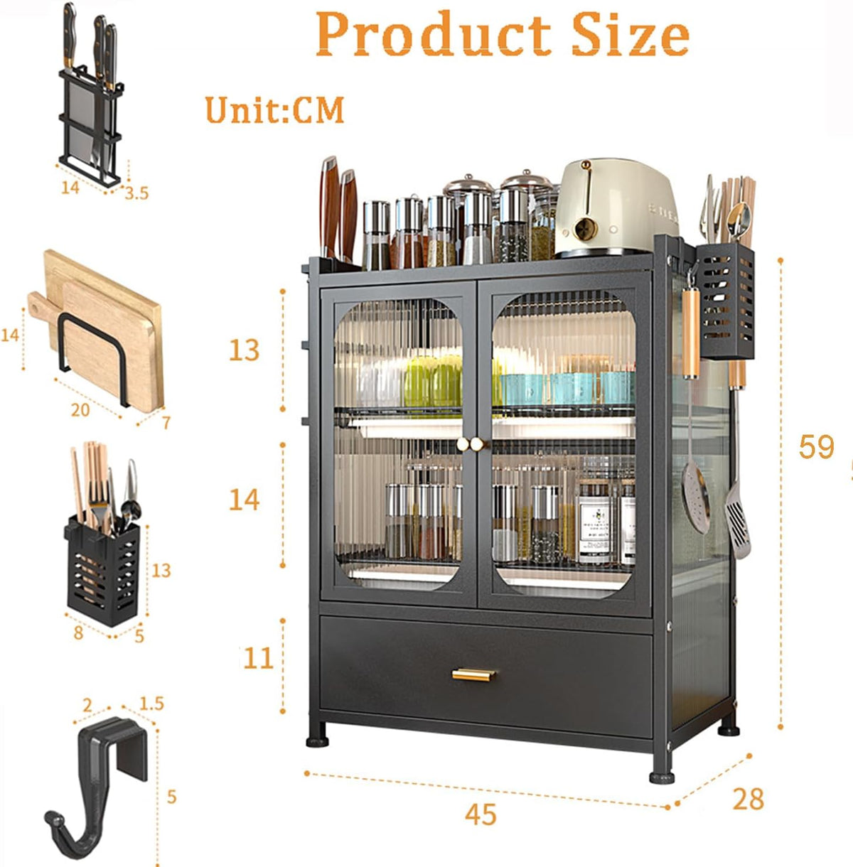 Modern Kitchen Storage Cabinet with Fluted Glass Doors, Multifunctional Storage Cabinet for Various Tableware