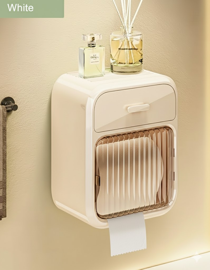 Elegant Waterproof Toilet Paper Holder - Wall-Mounted, No-Drill Installation, Self-Adhesive Plastic Tissue Dispenser with Storage Shelf