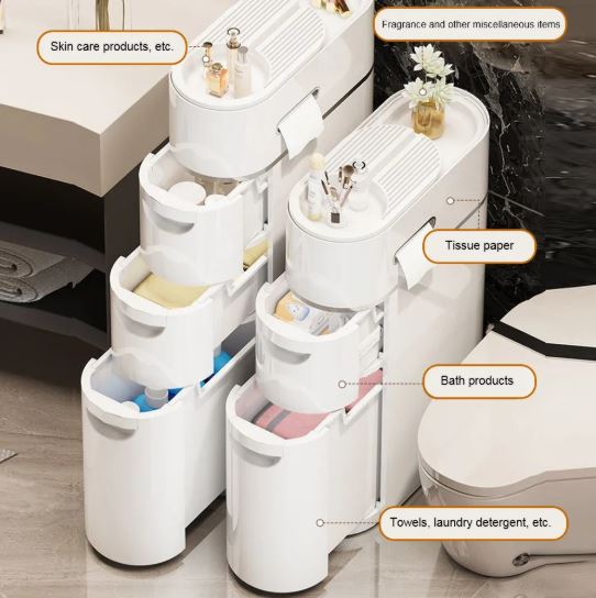 1pc Narrow Bathroom Storage Cabinet, White Space-Saving Rolling Organizer with Multiple Drawers & Tissue Holder
