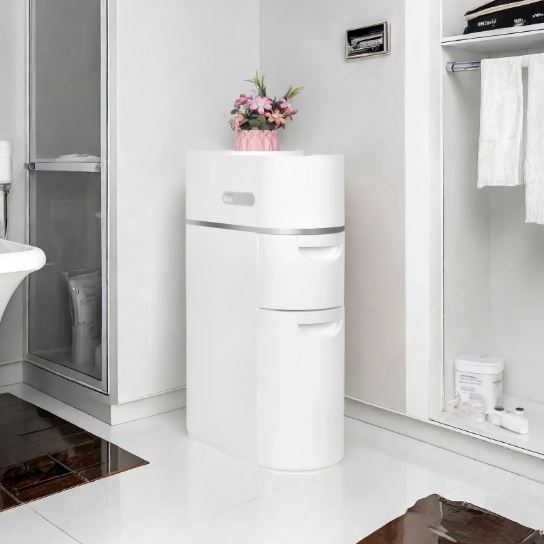 1pc Narrow Bathroom Storage Cabinet, White Space-Saving Rolling Organizer with Multiple Drawers & Tissue Holder