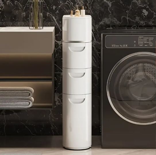 1pc Narrow Bathroom Storage Cabinet, White Space-Saving Rolling Organizer with Multiple Drawers & Tissue Holder