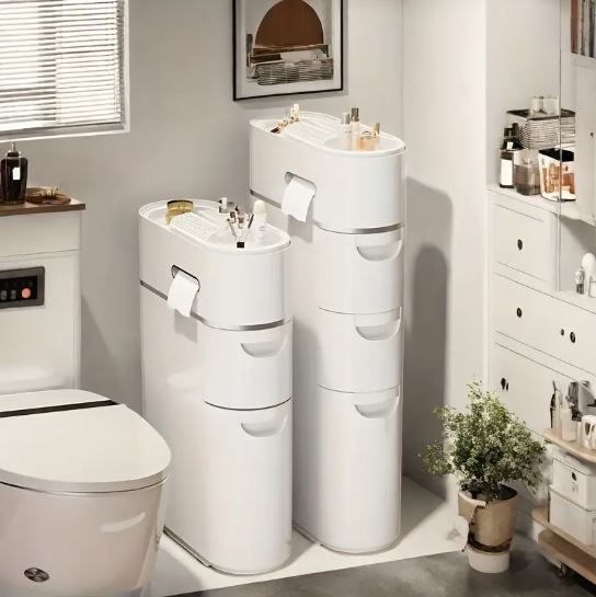 1pc Narrow Bathroom Storage Cabinet, White Space-Saving Rolling Organizer with Multiple Drawers & Tissue Holder