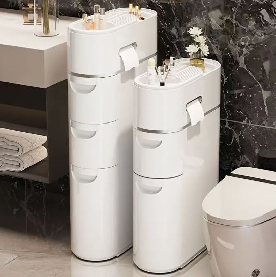 1pc Narrow Bathroom Storage Cabinet, White Space-Saving Rolling Organizer with Multiple Drawers & Tissue Holder