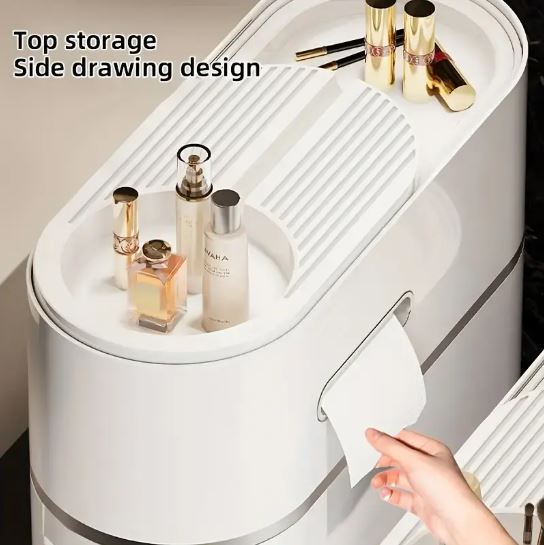 1pc Narrow Bathroom Storage Cabinet, White Space-Saving Rolling Organizer with Multiple Drawers & Tissue Holder