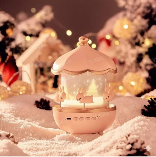 Rabbit Carousel Night Light Projector, 360° Rotating Lamp with 6 Films, 5 Colors and 1200mAh Rechargeable Battery
