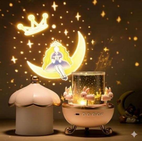 Rabbit Carousel Night Light Projector, 360° Rotating Lamp with 6 Films, 5 Colors and 1200mAh Rechargeable Battery