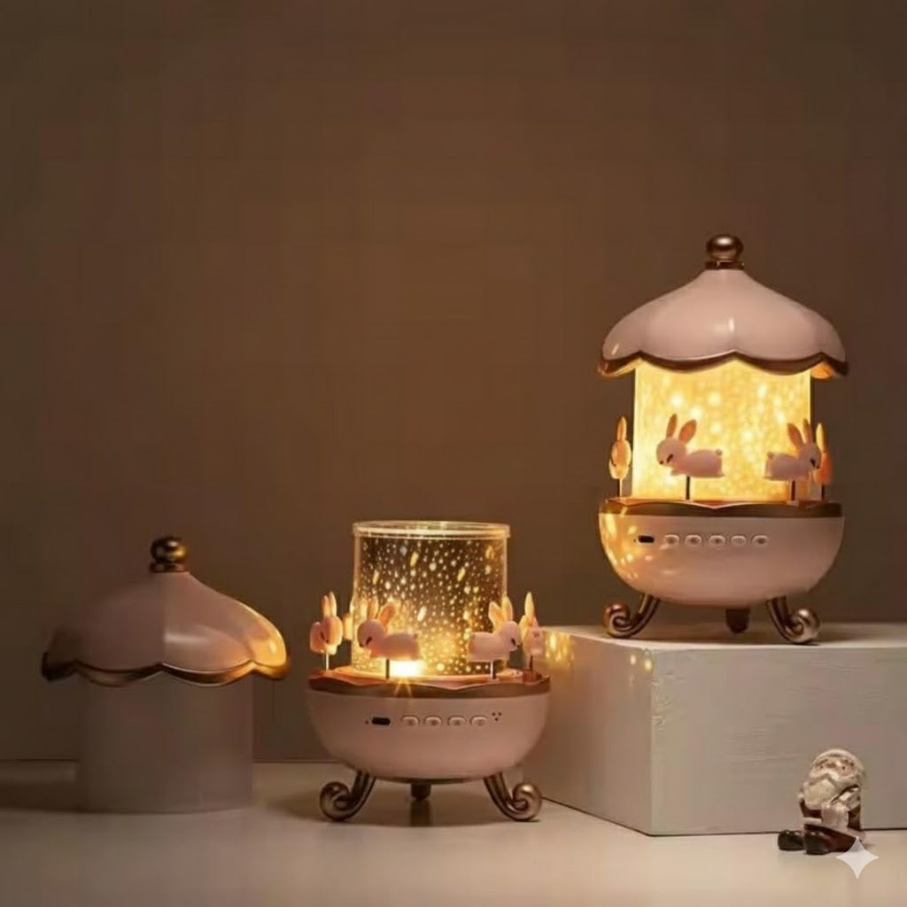 Rabbit Carousel Night Light Projector, 360° Rotating Lamp with 6 Films, 5 Colors and 1200mAh Rechargeable Battery