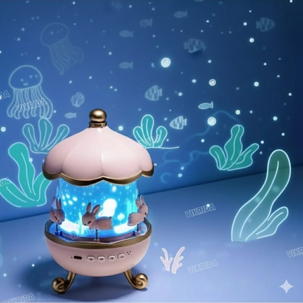 Rabbit Carousel Night Light Projector, 360° Rotating Lamp with 6 Films, 5 Colors and 1200mAh Rechargeable Battery