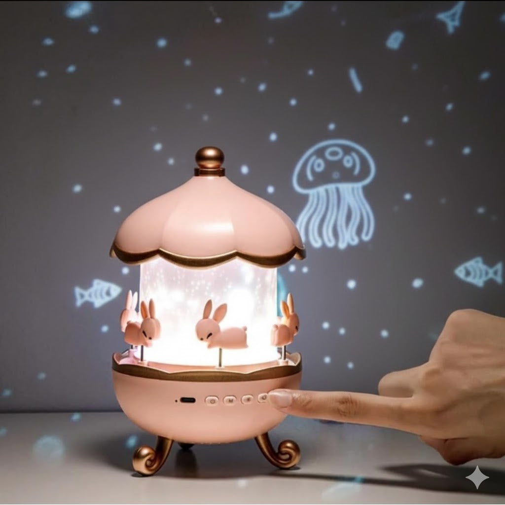 Rabbit Carousel Night Light Projector, 360° Rotating Lamp with 6 Films, 5 Colors and 1200mAh Rechargeable Battery