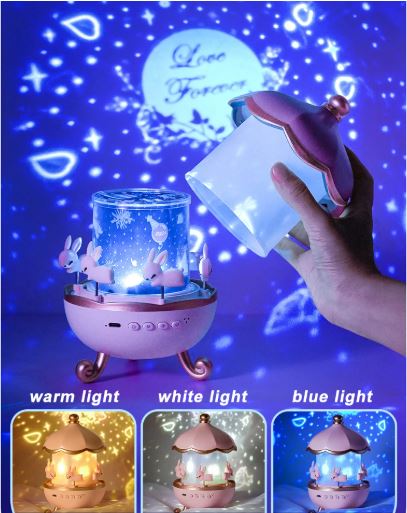 Rabbit Carousel Night Light Projector, 360° Rotating Lamp with 6 Films, 5 Colors and 1200mAh Rechargeable Battery
